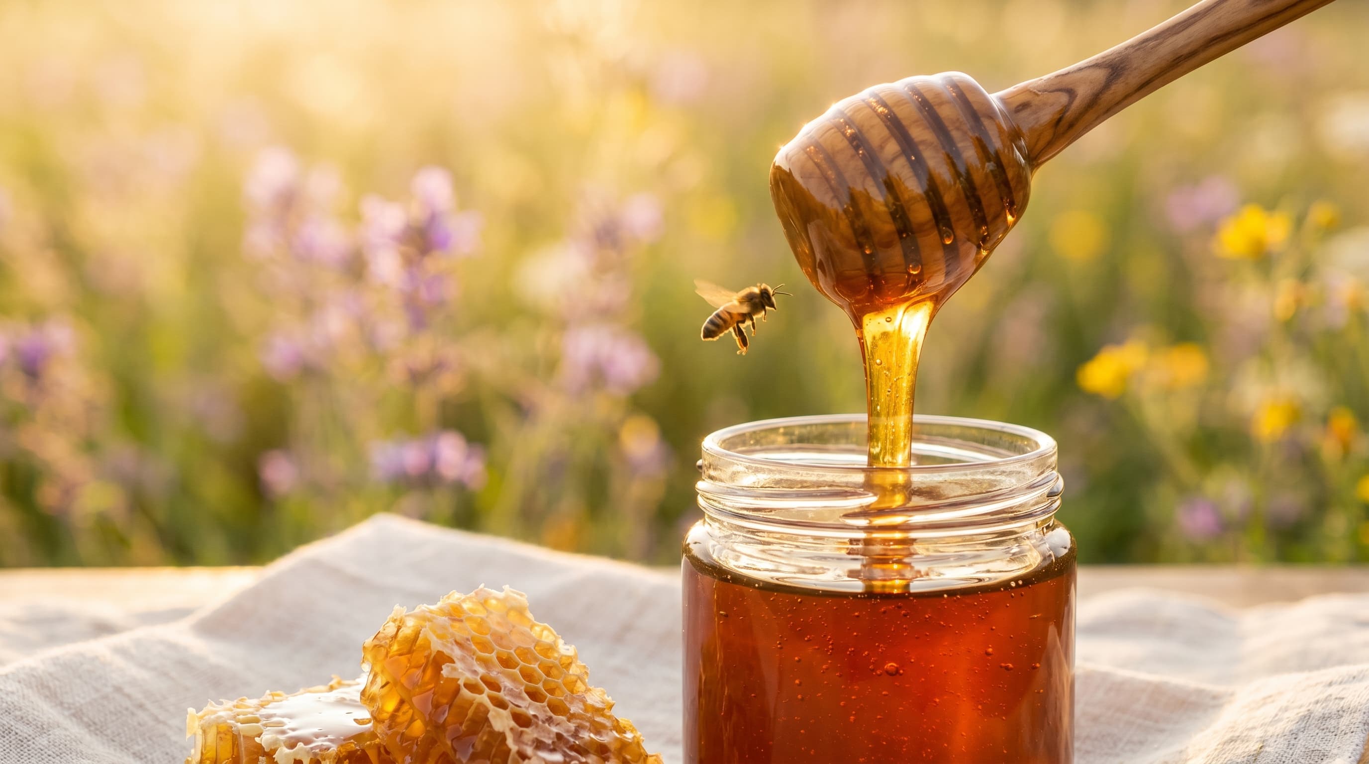 Raw golden honey drizzling from a wooden dipper
