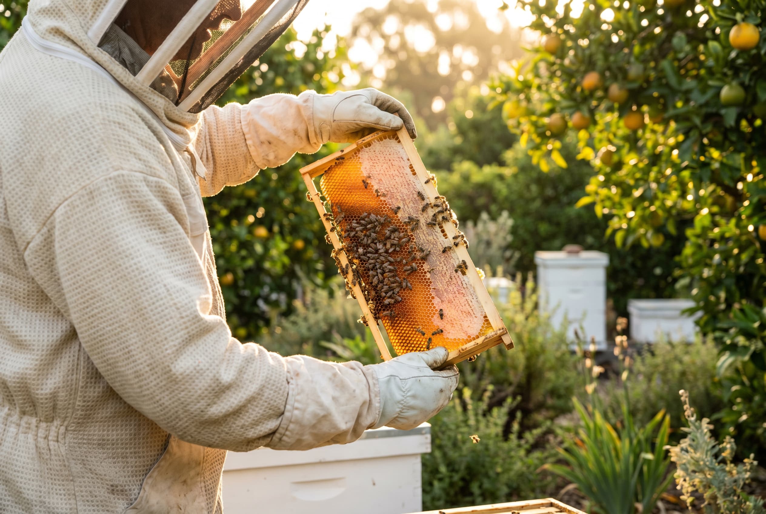 Our beekeeper lifting a honeycomb frame